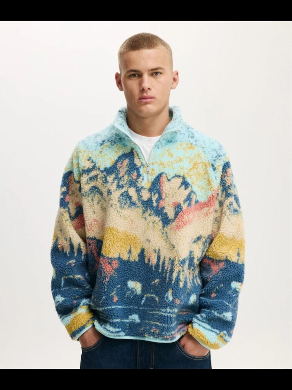 Cotton On Blue Multi Mountains Quarter Zip Teddy Fleece Size XL, New W/ Tag!